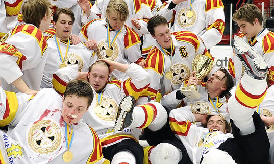 Brynäs spelare i en hög med pokalen