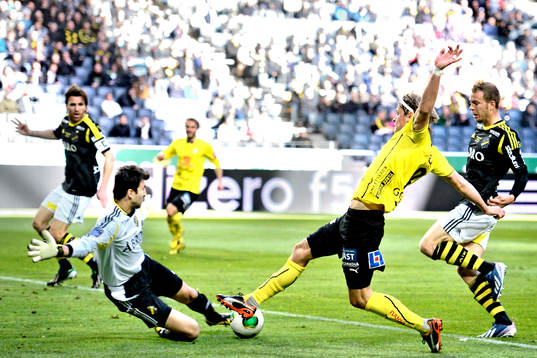 Mikael Boman, Halmstad, kommer fri mot Kyriakos