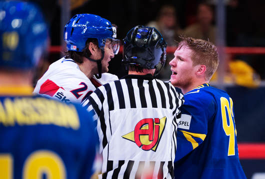 Sveriges Gabriel Landeskog (h) bråkar med en tjeckisk