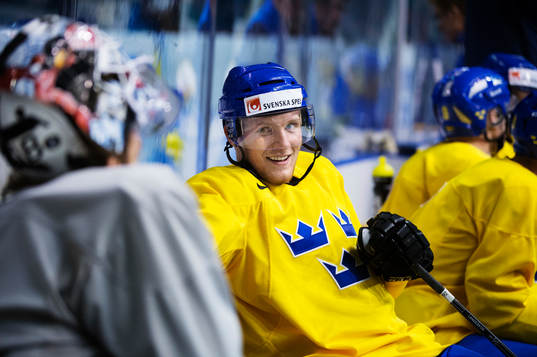 Gabriel Landeskog (h) pratar med målvakten Johan Gustafsson