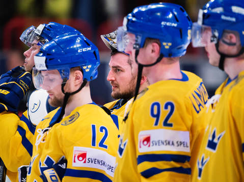 Sveriges målvakt Jhonas Enroth ses i mitten bland övriga