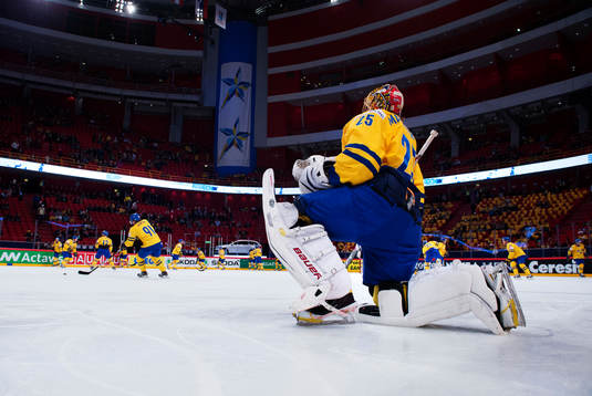 De svenska spelarna med Jacob Markström närmast i bild