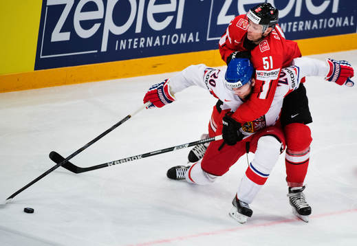 Tjeckiens Martin Hanzal stoppas av Schweiz Ryan Gardner i