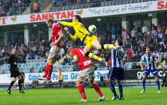 Etrit Berisha, målvakt Kalmar, missbedömer ett inlägg