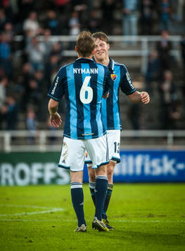 Peter Nymann, och Emil Bergström, Djurgården, är glada