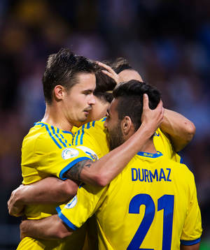 Sveriges Mikael Lustig, Zlatan Ibrahimovic och Jimmy Durmaz