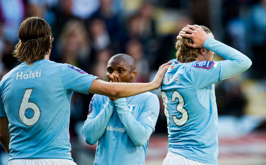 Malmö FFs Markus Halsti Tokelo Rantie Emil Forsberg deppar