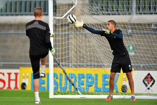 Malmö goalkeepers Robin Olsen, left practices with Sixten