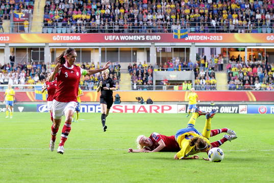 Sveriges Kosovare Asllani fälls intill Danmarks Katrine