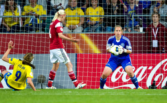 Danmarks målvakt Stina Petersen med bollen i matchen