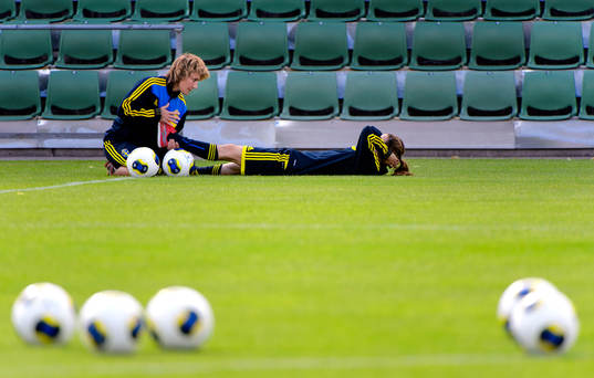 Sveriges Kosovare Asllani (h) får behandling av sin