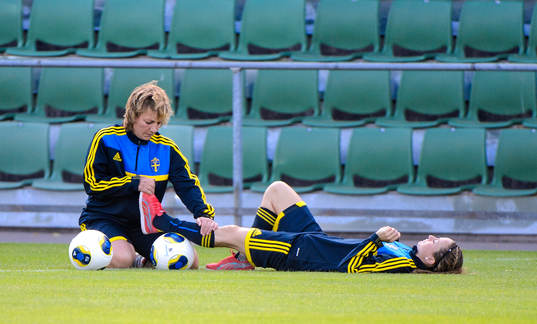 Sveriges Kosovare Asllani (h) får behandling av sin