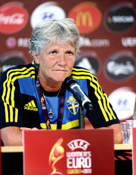 Sveriges förbundskapten Pia Sundhage  i kvartsfinalen
