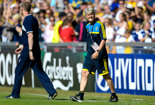 Sveriges förbundskapten Pia Sundhage i kvartsfinalen