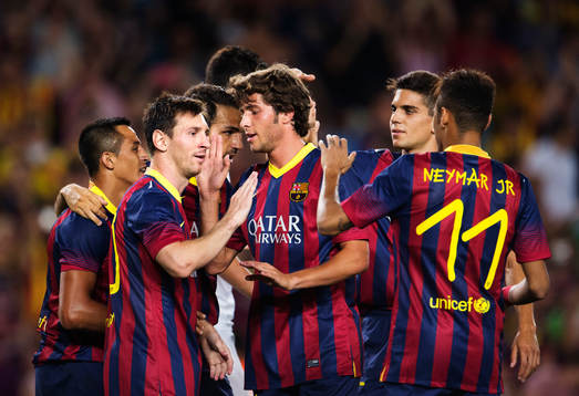 Barcelonas Lionel Messi (andra från vänster) och Neymar
