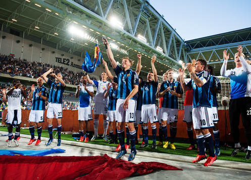 Djurgårdens Emil Bergström och hans lagkamrater dansar