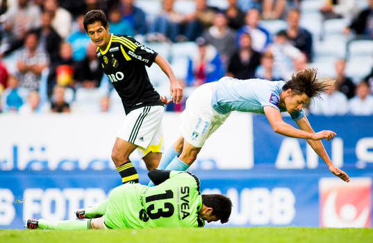 Malmö FFs Simon Thern och AIKs målvakt Kyriakos