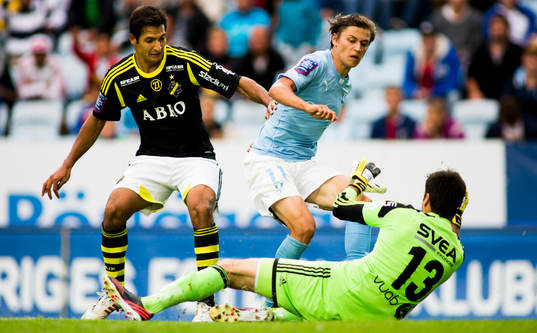 Malmö FFs Simon Thern och AIKs målvakt Kyriakos