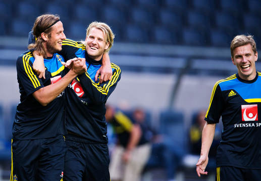 Jonas Olsson, Ola Toivonen och Pontus Wernbloom skrattar