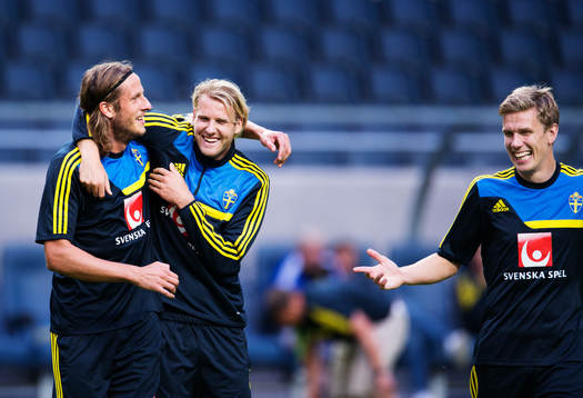 Jonas Olsson, Ola Toivonen och Pontus Wernbloom skrattar