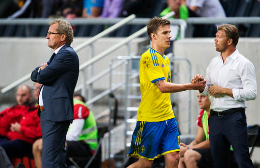 Sveriges förbundskapten Erik Hamrén, Pontus Wernbloom och