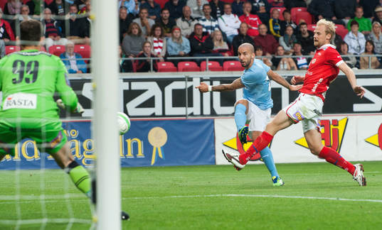 0-4, Guillermo Molins, Malmö, skjuter kanonhårt förbi