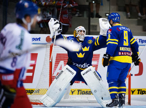 Sveriges målvakt Henrik Karlsson jublar vid slutsignalen