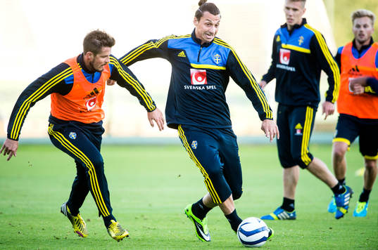 Sveriges Per Nilsson och Zlatan Ibrahimovic tränar på
