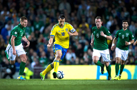 Sveriges Zlatan Ibrahimovic i fotbolls VM-kval matchen