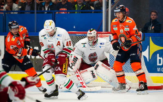 s Richie Regehr stoppar pucken framför målvakten Anton