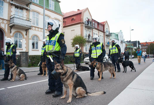 Stort polisuppbåd, poliser med polishundar utanför Olympia