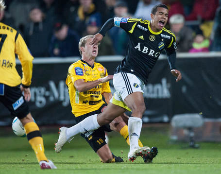 Mjällbys Craig Henderson gör ner Robin Quaison
