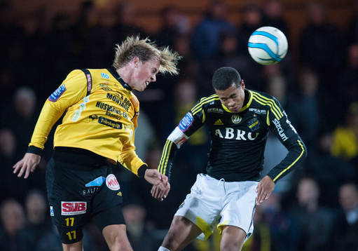 Mjällbys Robin Strömberg nickduellarar med Robin Quaison,