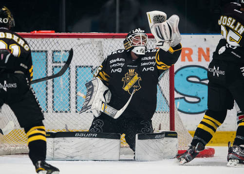 s målvakt Alexander Hamberg plockar ner pucken