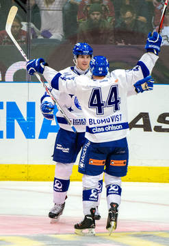 Leksands Patrik Hersley och Jacob Blomqvist jublar
