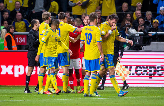 Sveriges Johan Elmander ser ut att skallas av Österrikes
