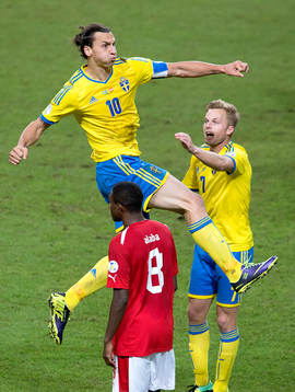 Sveriges Zlatan Ibrahimovic gratuleras av Sebastian Larsson
