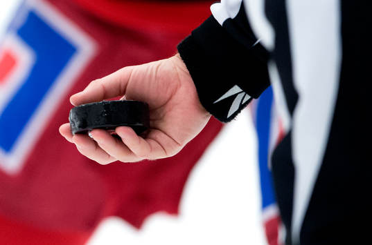 Domare håller en puck