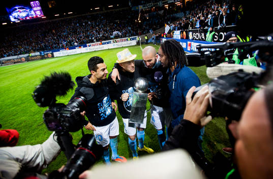 Malmö FFs Jiloan Hamad, Magnus Eriksson och Guillermo