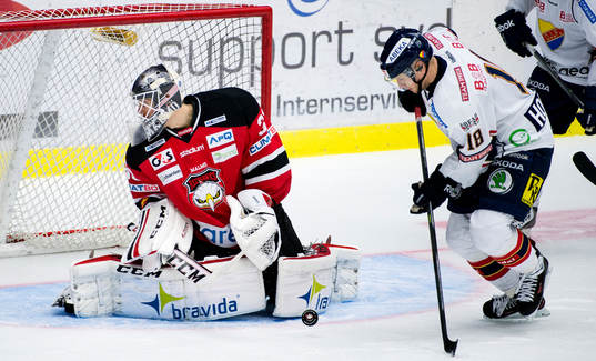 Malmö Redhawks målvakt Axel Brage ser sig om