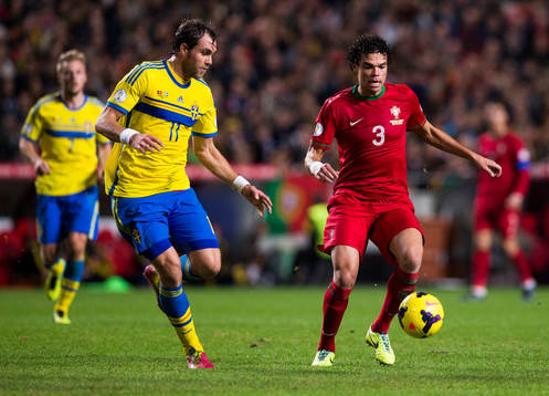 Sveriges Johan Elmander jagar Portugals Pepe