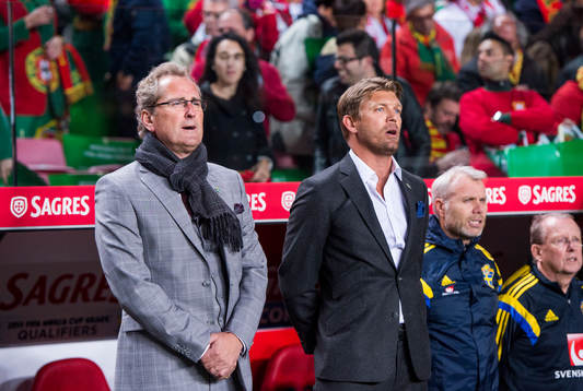 Sveriges förbundskapten Erik Hamrén och players manager