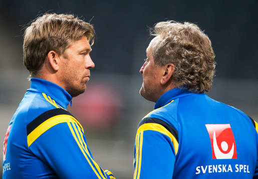 Marcus Allbäck och förbundskapten Erik Hamrén