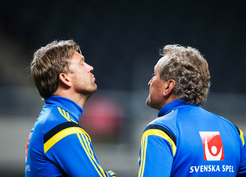 Marcus Allbäck och förbundskapten Erik Hamrén