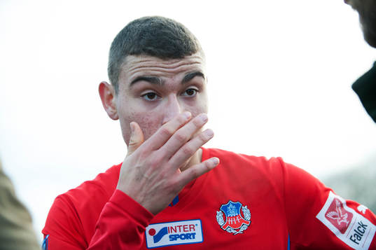Helsingborgs Jordan Larsson i en träningsmatch mellan