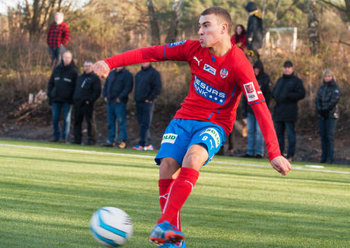 Helsingborgs Jordan Larsson i en träningsmatch mellan