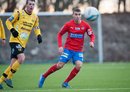 Helsingborgs Jordan Larsson i en träningsmatch mellan
