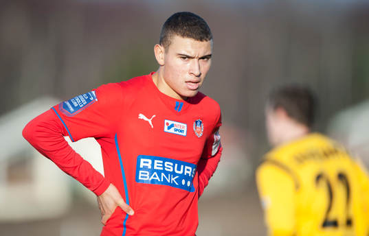 Helsingborgs Jordan Larsson i en träningsmatch mellan