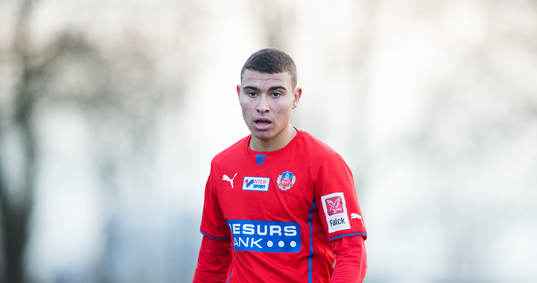 Helsingborgs Jordan Larsson i en träningsmatch mellan