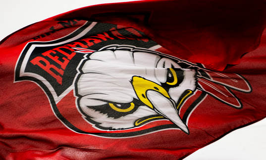 En flagga med Malmö Redhawks emblem på